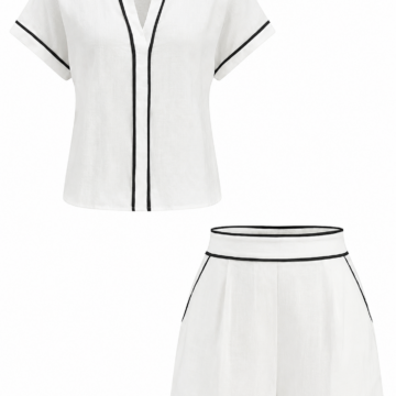 White Contrast Piping Short-Sleeve Top and Shorts Set
