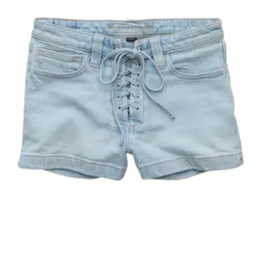 Light-Wash Denim Shorts with Lace-Up Front and Grommet Details