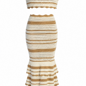 Cream and Tan Striped Off-the-Shoulder Top and Maxi Skirt Set