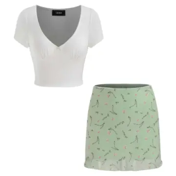 White V-Neck Crop Top and Sage Green Floral Mini Skirt Two-Piece Set