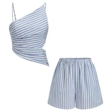 Blue and White Striped Cami Crop Top and Loose Shorts Two-Piece Set