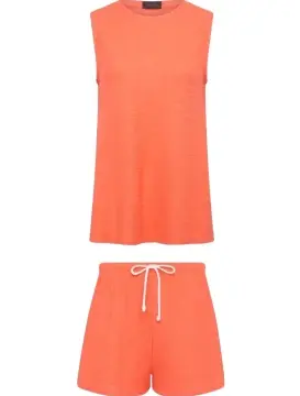 Coral Sleeveless Tunic Top and Drawstring Shorts Two-Piece Set