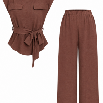 Brown Ribbed Cap-Sleeve Top and Wide-Leg Trousers Set