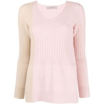 Pale Pink Cream Color Block V Neck Ribbed Knit Sweater