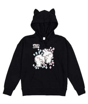 Black Pullover Hoodie with Cat Ear Hood and Rabbit Graphic